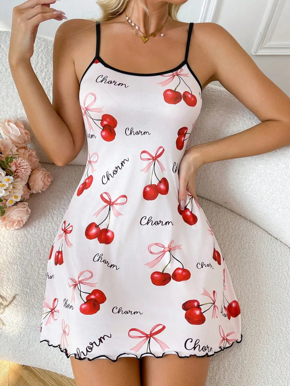Valentine's Day Cherry Printed Slip Nightdress Sleepwear Straps Sleep Mini Dress Nighties Nightgown Loungewear