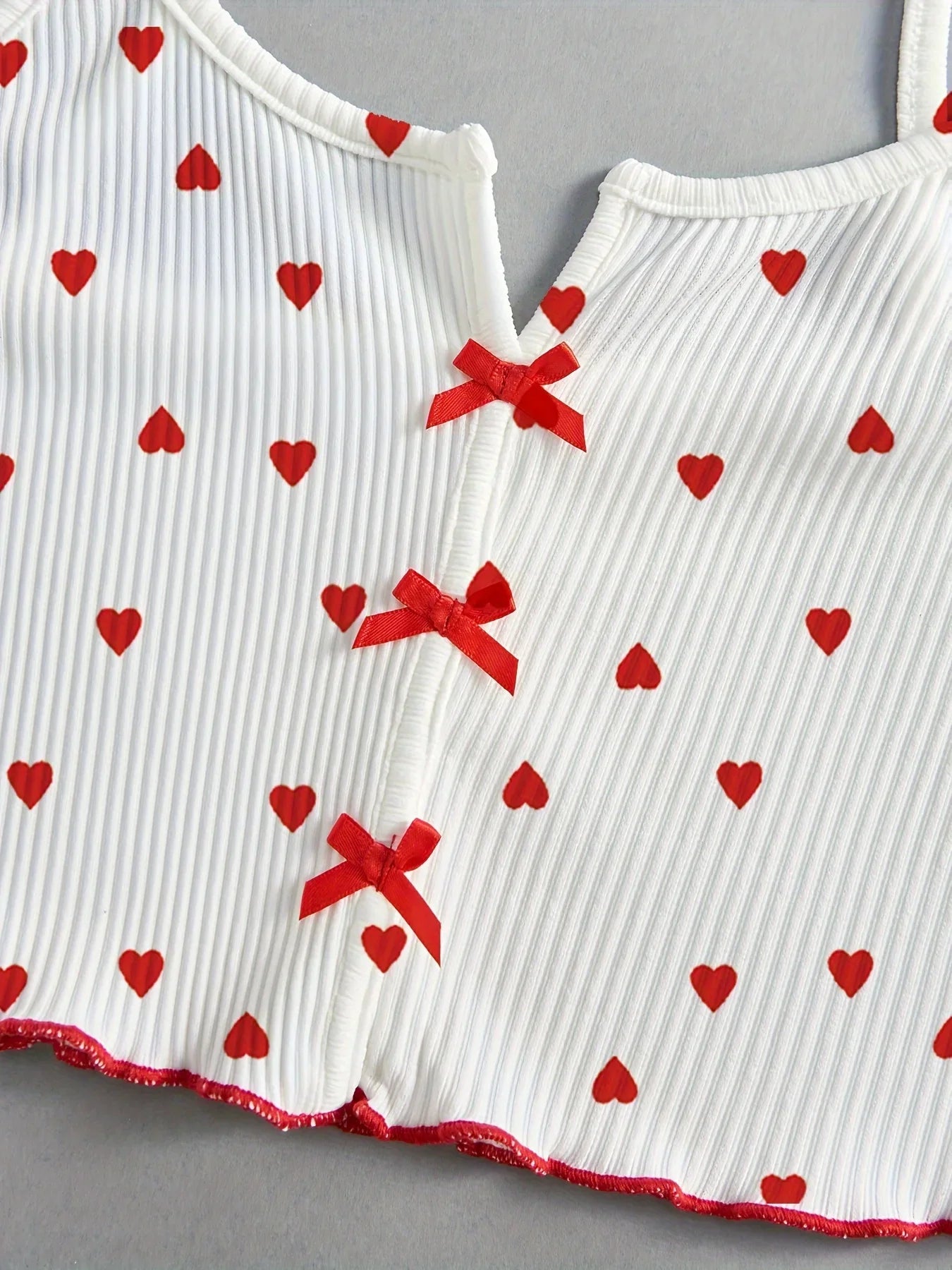 Valentine's Day Love Print Bow Dipped Crop Tops and Shorts Set Pajamas Sets Summer Casual Loungewear Home Clothes