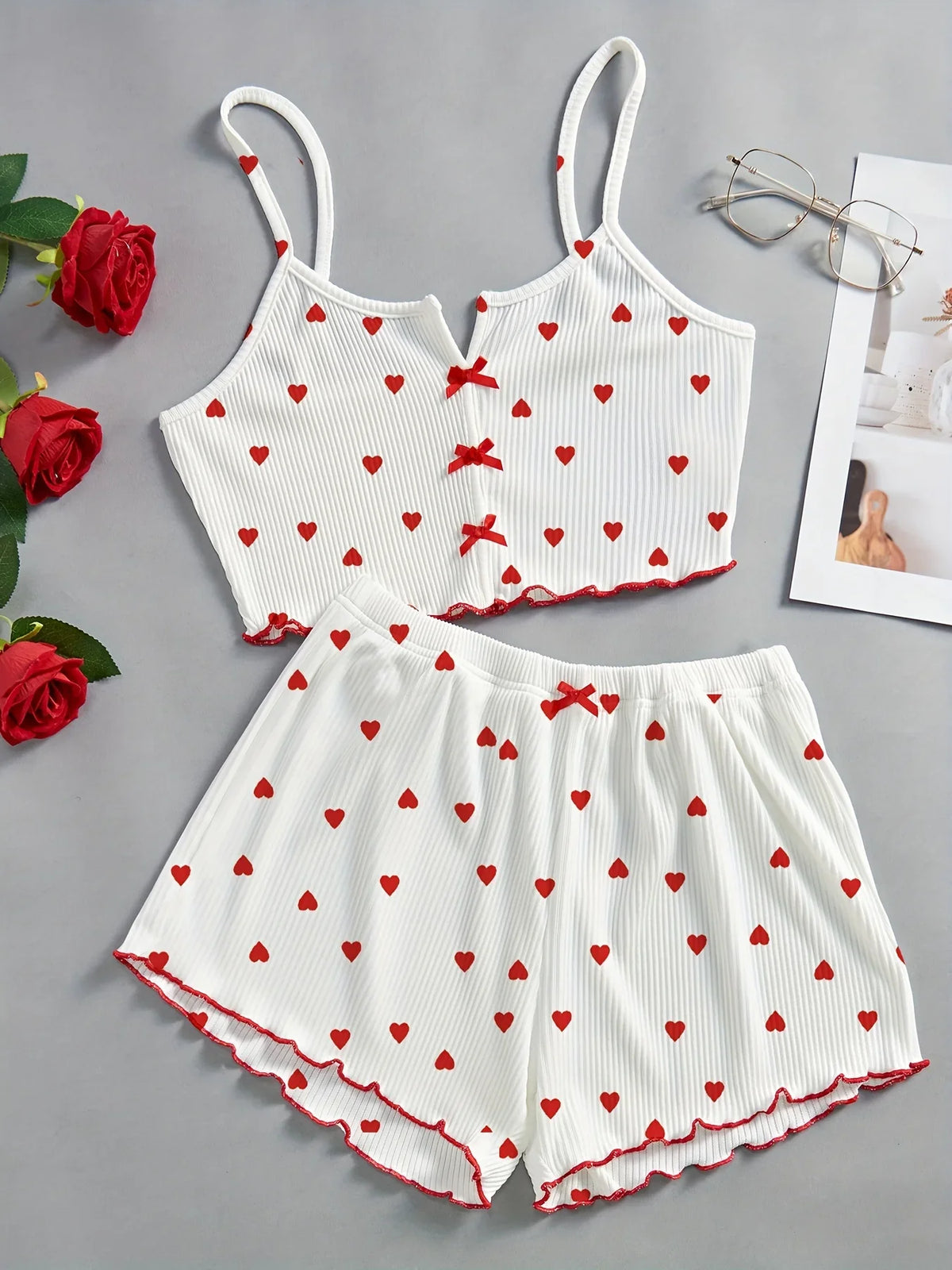 Valentine's Day Love Print Bow Dipped Crop Tops and Shorts Set Pajamas Sets Summer Casual Loungewear Home Clothes