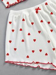 Valentine's Day Love Print Bow Dipped Crop Tops and Shorts Set Pajamas Sets Summer Casual Loungewear Home Clothes