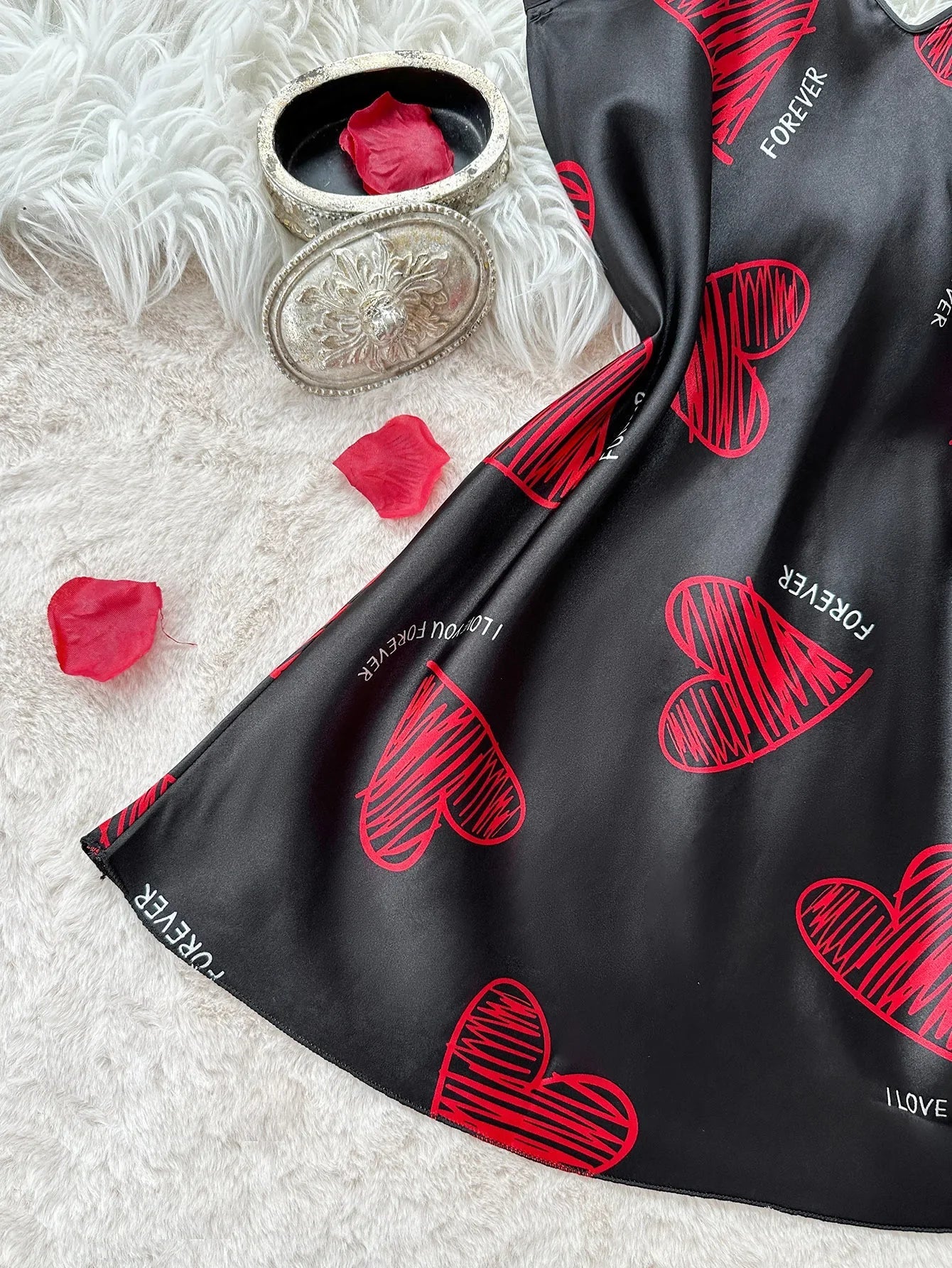 Valentine's Day Red Lip Print Satin Slip Straps Nightdress V Neck Backless Mini Sleep Dress Nighties Sleepwear Dresses