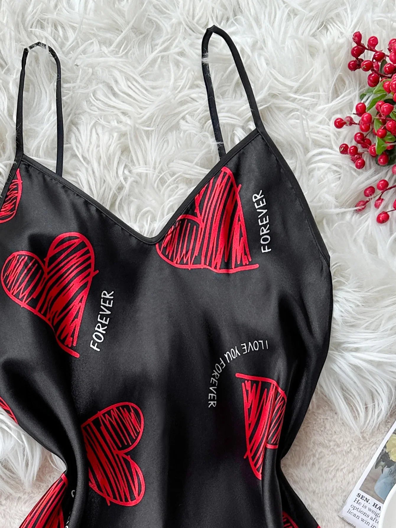 Valentine's Day Red Lip Print Satin Slip Straps Nightdress V Neck Backless Mini Sleep Dress Nighties Sleepwear Dresses