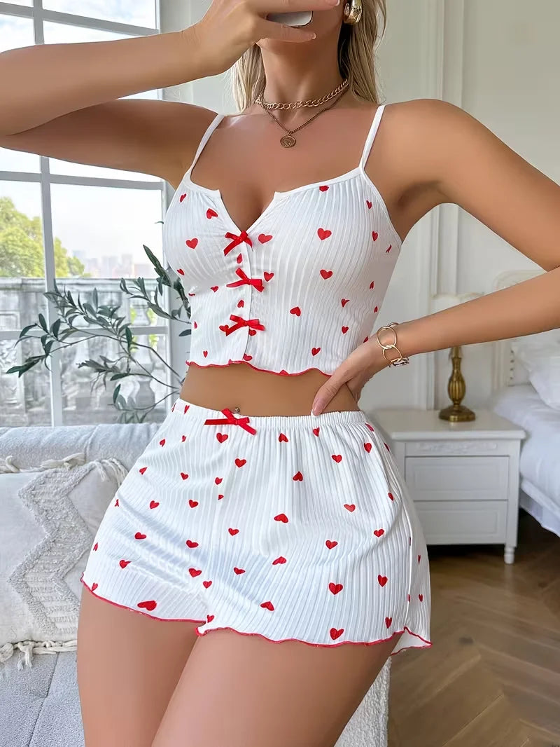 Valentine's Day Heart Pattern Printed Pajama Set,Casual Knit Fabric Crop Tops and Shorts Sleepwear Loungewear