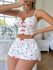 Valentine's Day Heart Pattern Printed Pajama Set,Casual Knit Fabric Crop Tops and Shorts Sleepwear Loungewear