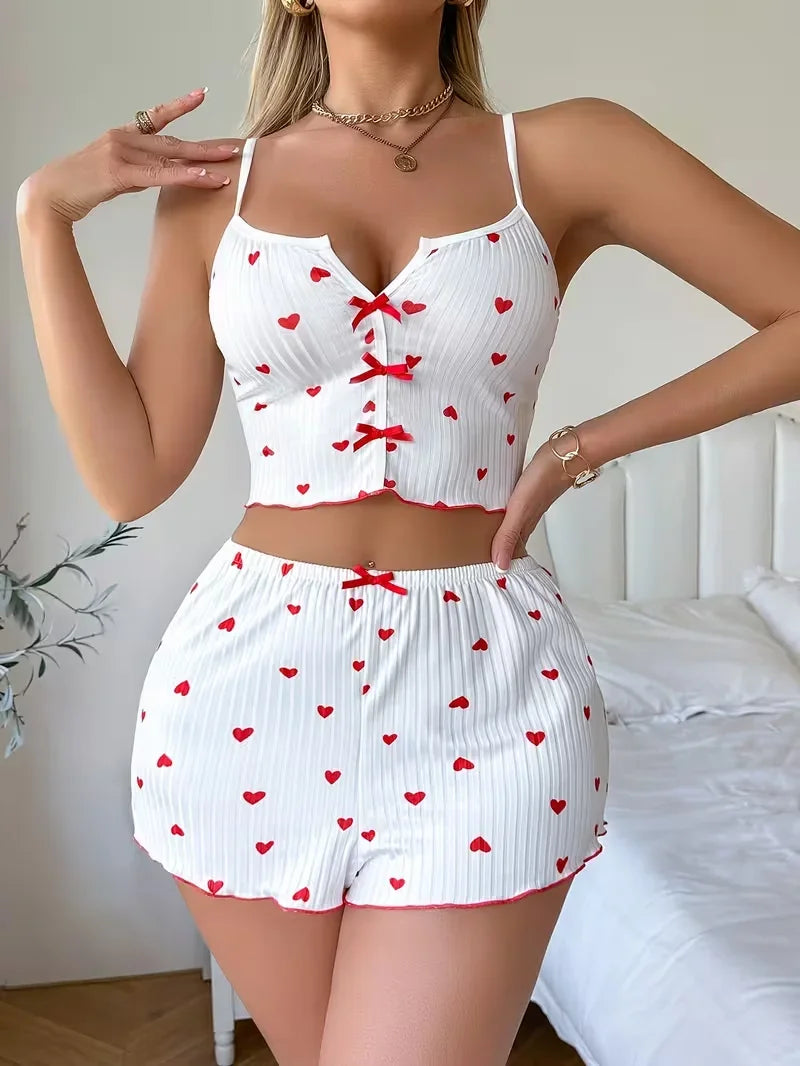 Valentine's Day Heart Pattern Printed Pajama Set,Casual Knit Fabric Crop Tops and Shorts Sleepwear Loungewear