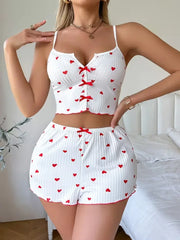 Valentine's Day Heart Pattern Printed Pajama Set,Casual Knit Fabric Crop Tops and Shorts Sleepwear Loungewear