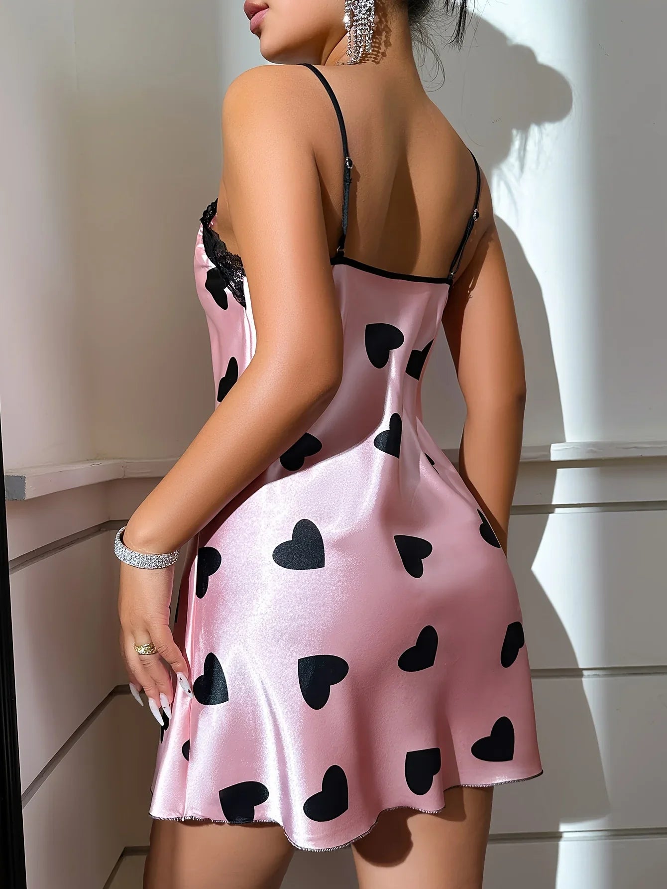 Valentine's Days Backless Ice Silk Stain Slip Mini Dress Nightdress Heart Printed Lace Pajamas Night Wear Nighties