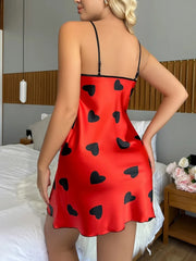 Valentine's Days Backless Ice Silk Stain Slip Mini Dress Nightdress Heart Printed Lace Pajamas Night Wear Nighties