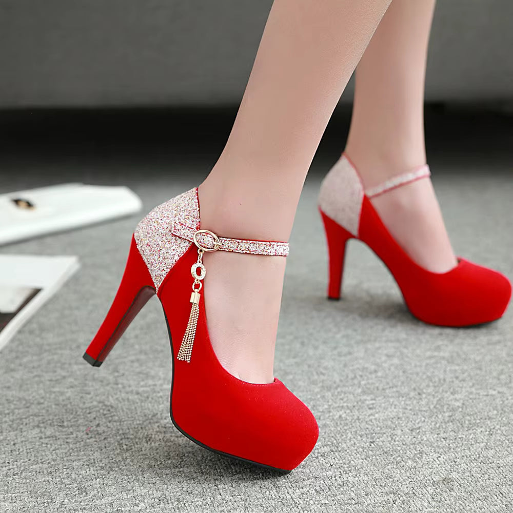 Velvet Bottom Pumps Evening Dress Wedding Party Tassel High Heels Shoe