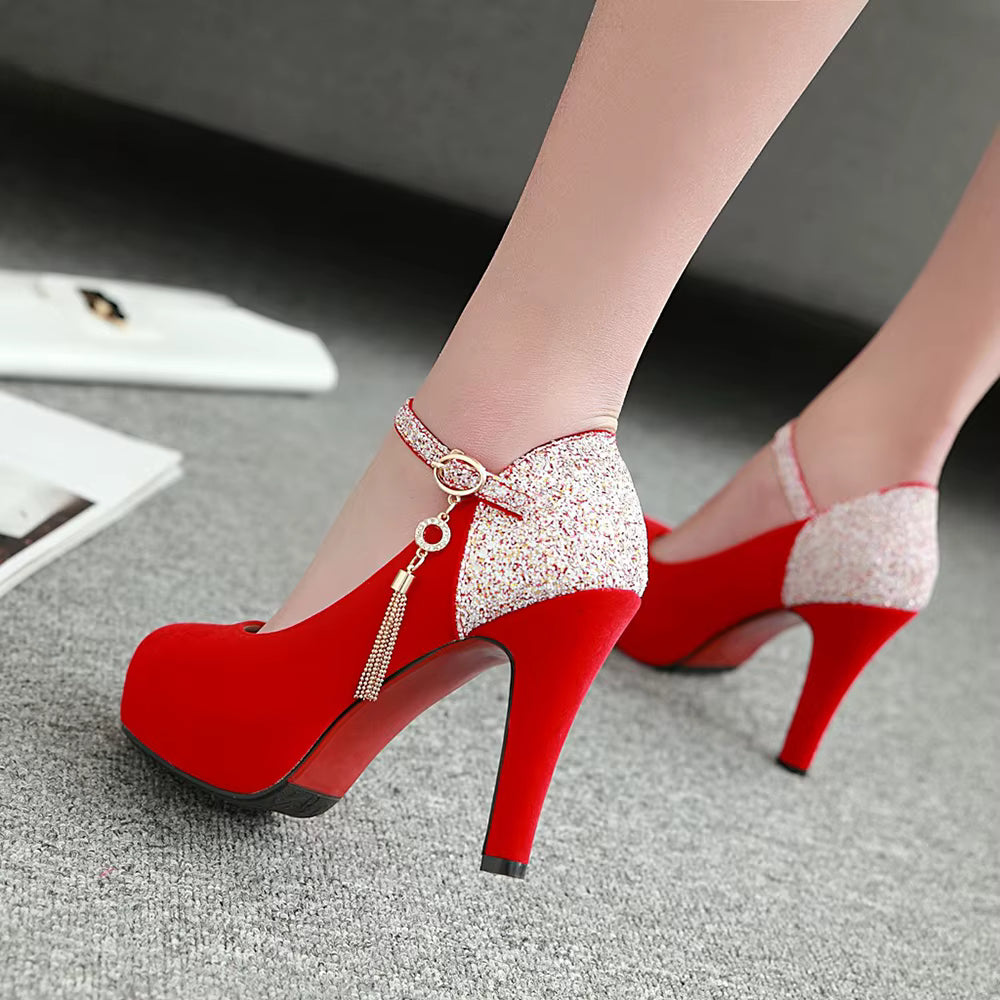 Velvet Bottom Pumps Evening Dress Wedding Party Tassel High Heels Shoe
