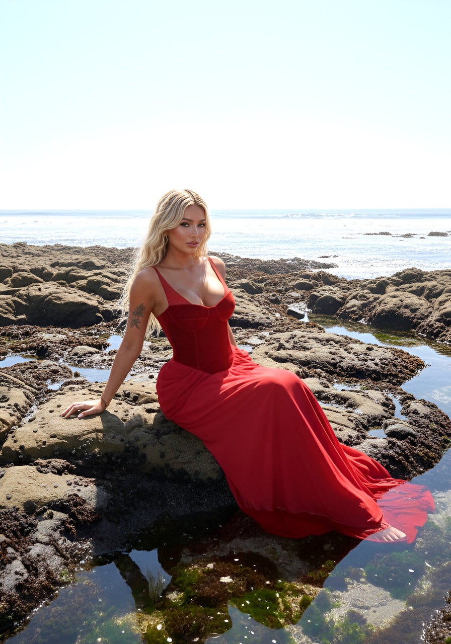 Velvet Bustier Draped Maxi Dress Red