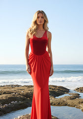 Velvet Bustier Draped Maxi Dress Red