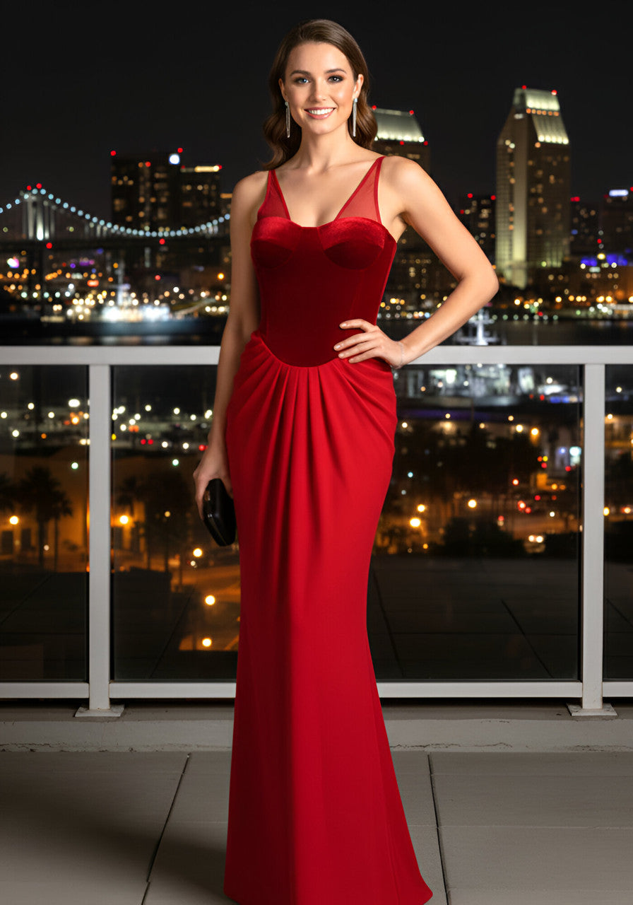 Velvet Bustier Draped Maxi Dress Red