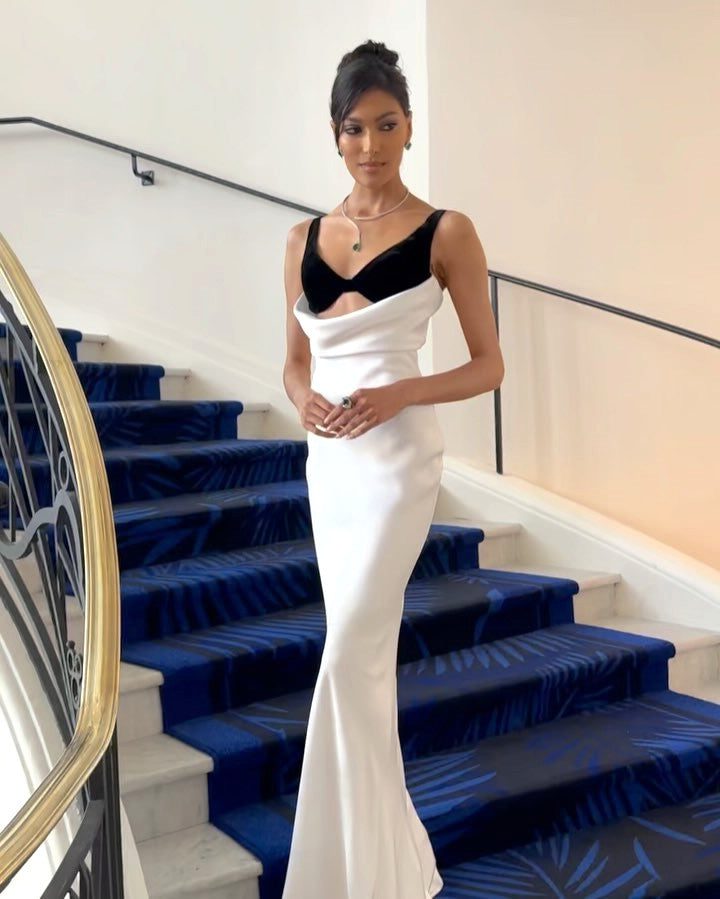 Velvet Bustier Maxi Dress Black White