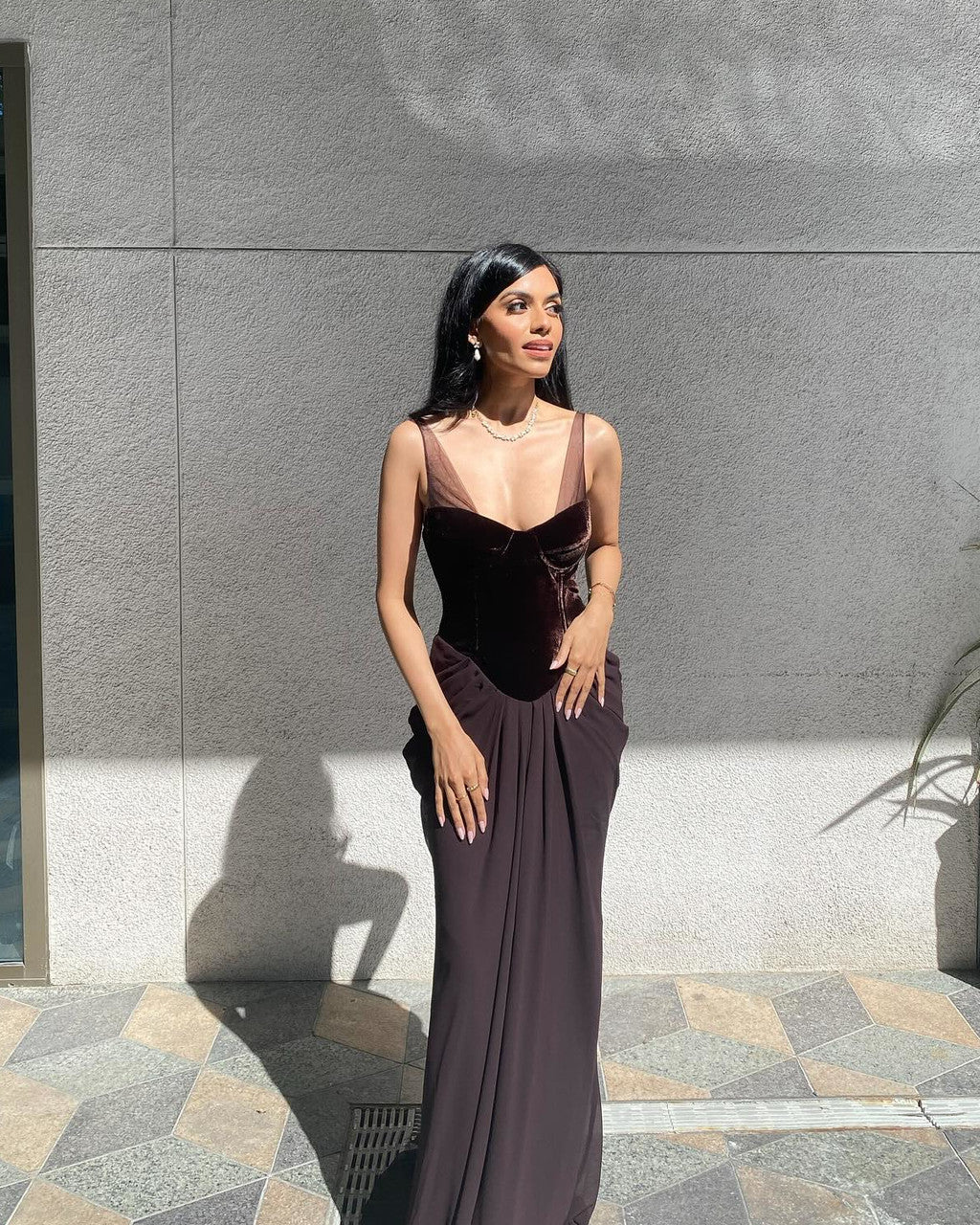 Velvet Bustier Draped Maxi Dress Brown