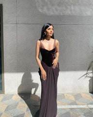 Velvet Bustier Draped Maxi Dress Brown