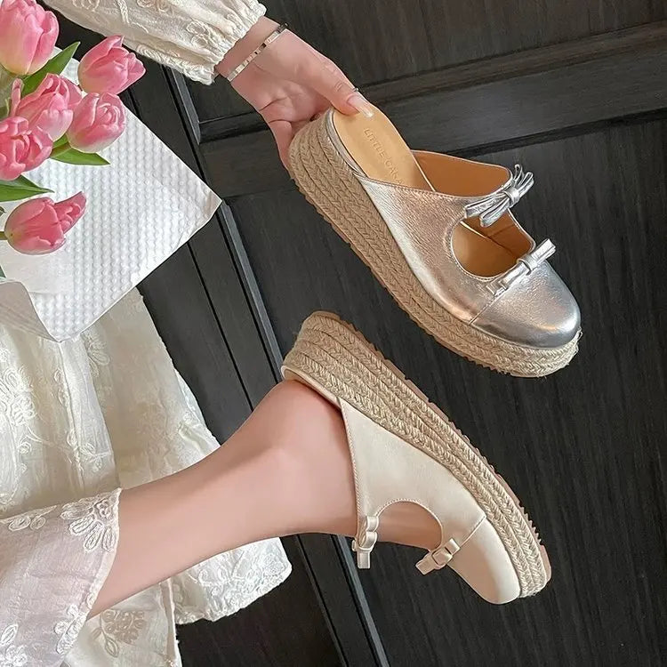 Versatile Decorative Straw Thick-Soled Mules Wedge Heels Sandals