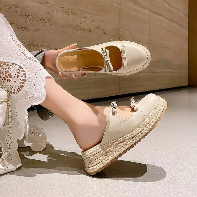 Versatile Decorative Straw Thick-Soled Mules Wedge Heels Sandals