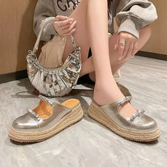 Versatile Decorative Straw Thick-Soled Mules Wedge Heels Sandals