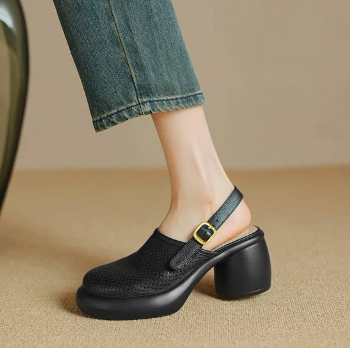 Vintage Hollow Chunky Platform Soft Thick Sole Buckle Strap High Heels Sandals