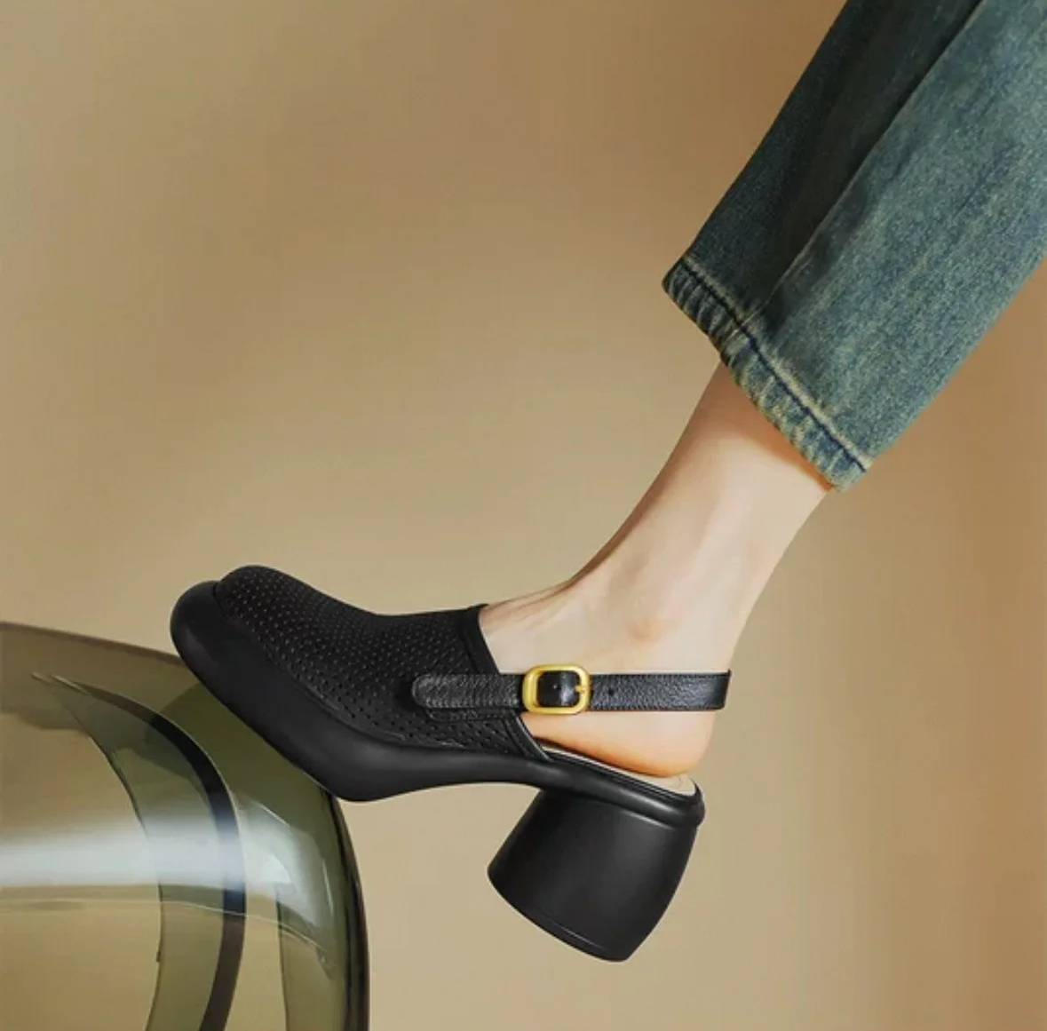 Vintage Hollow Chunky Platform Soft Thick Sole Buckle Strap High Heels Sandals