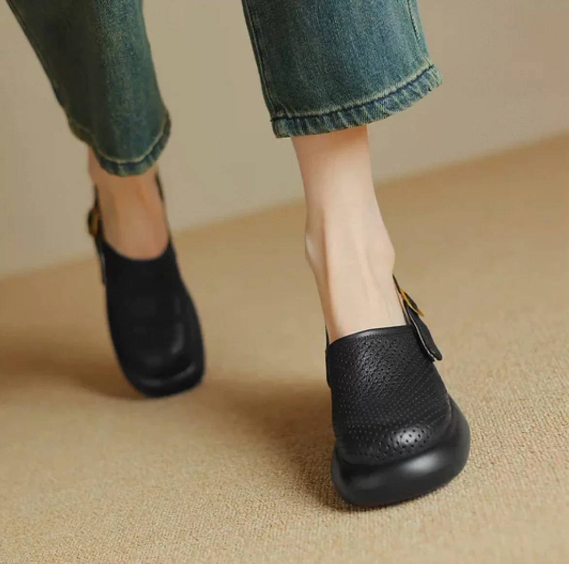 Vintage Hollow Chunky Platform Soft Thick Sole Buckle Strap High Heels Sandals