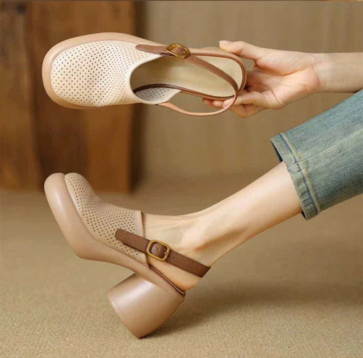 Vintage Hollow Chunky Platform Soft Thick Sole Buckle Strap High Heels Sandals