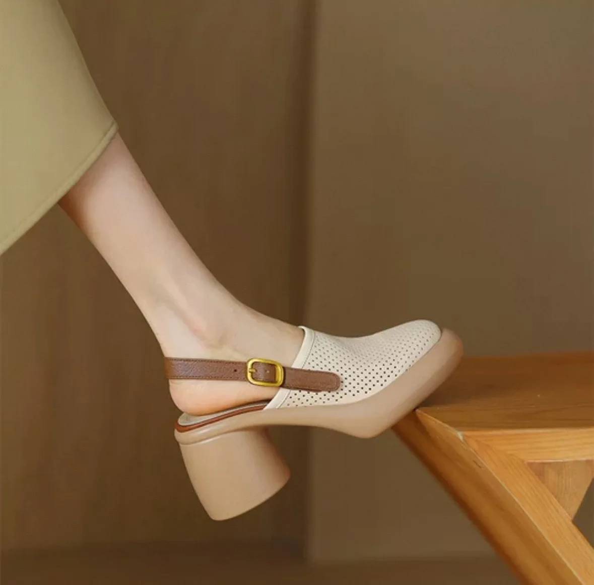 Vintage Hollow Chunky Platform Soft Thick Sole Buckle Strap High Heels Sandals