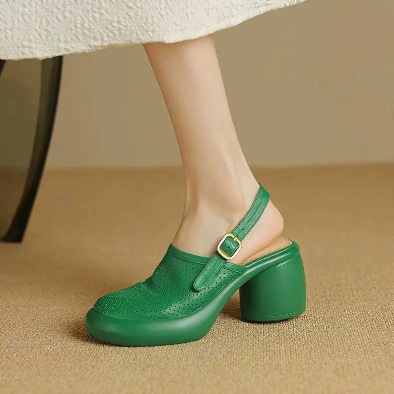 Vintage Hollow Chunky Platform Soft Thick Sole Buckle Strap High Heels Sandals
