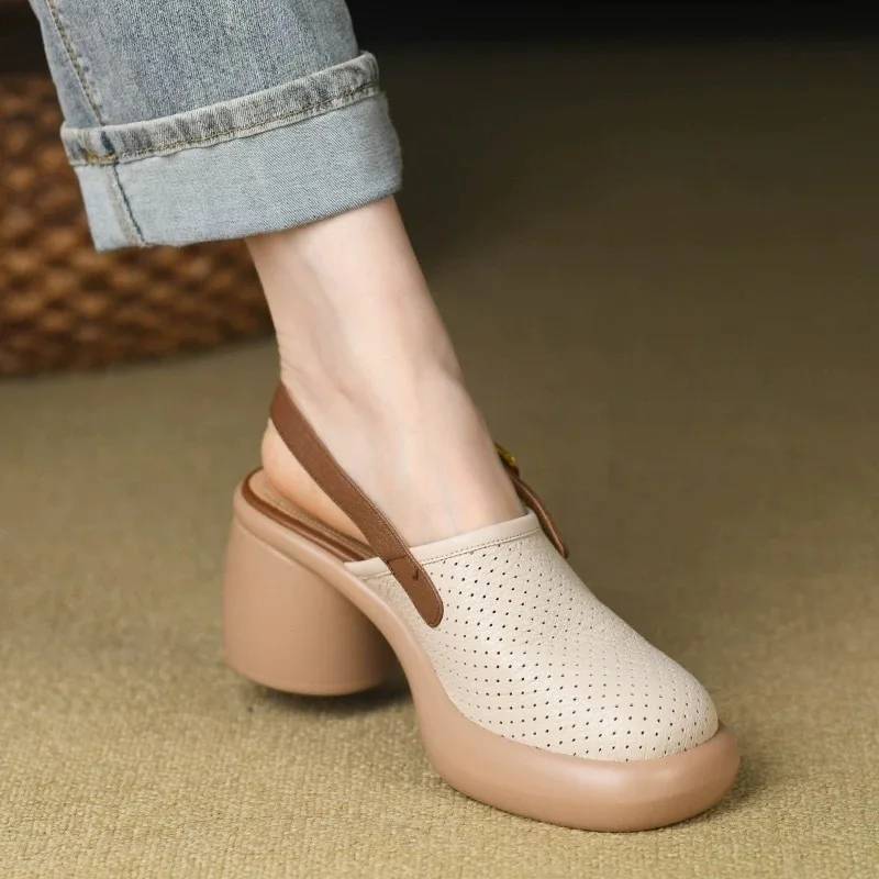 Vintage Hollow Chunky Platform Soft Thick Sole Buckle Strap High Heels Sandals