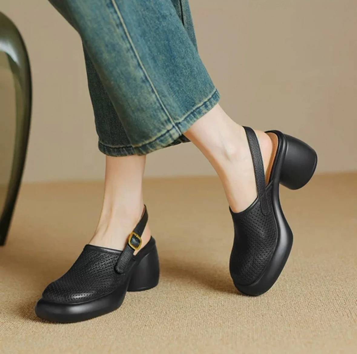 Vintage Hollow Chunky Platform Soft Thick Sole Buckle Strap High Heels Sandals