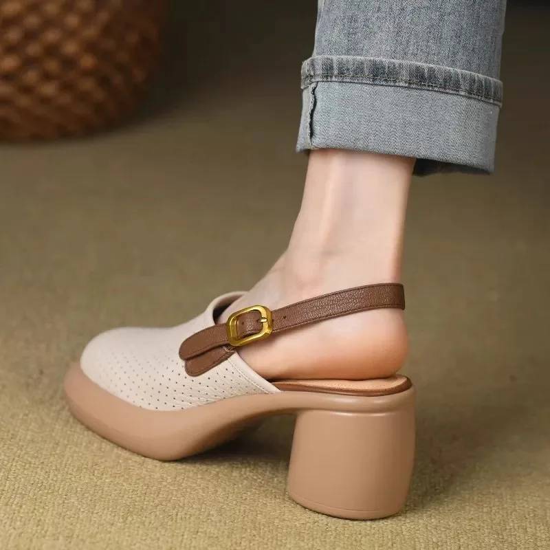 Vintage Hollow Chunky Platform Soft Thick Sole Buckle Strap High Heels Sandals