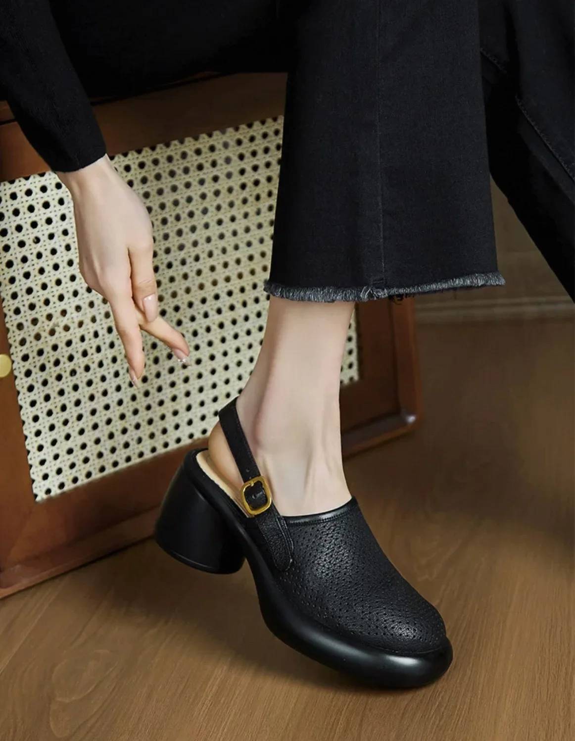 Vintage Hollow Chunky Platform Soft Thick Sole Buckle Strap High Heels Sandals