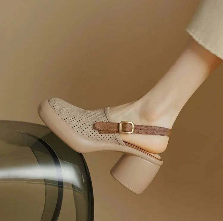 Vintage Hollow Chunky Platform Soft Thick Sole Buckle Strap High Heels Sandals