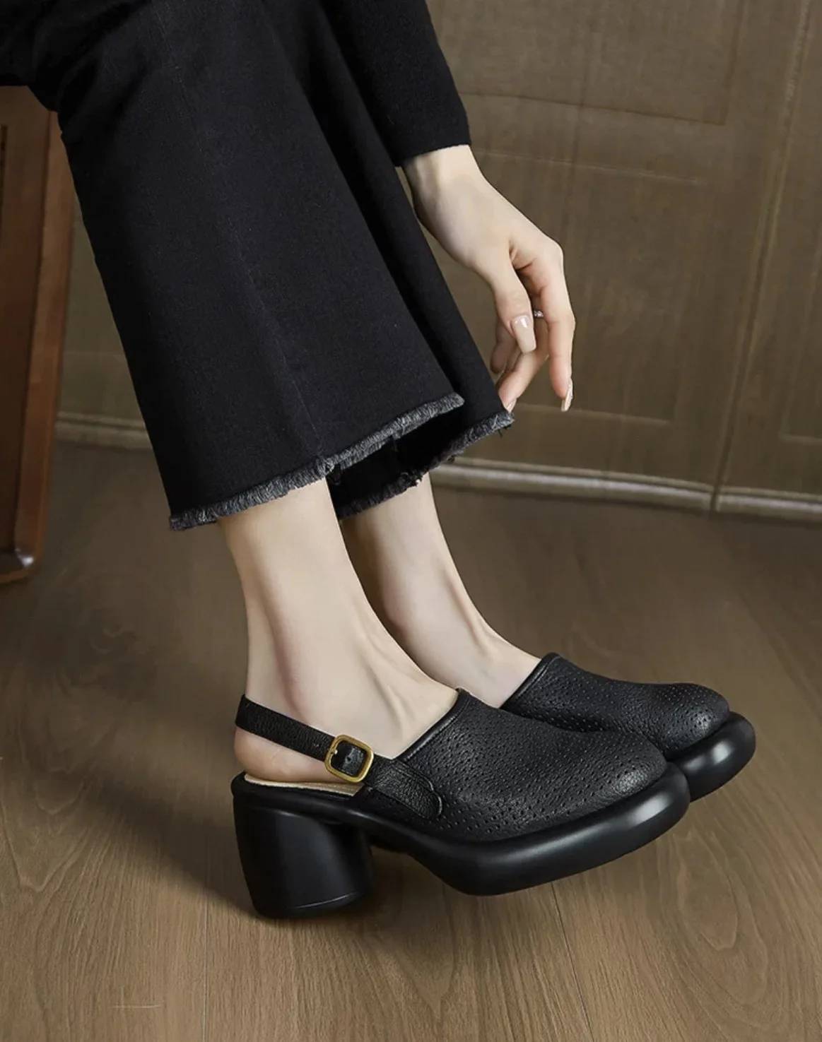 Vintage Hollow Chunky Platform Soft Thick Sole Buckle Strap High Heels Sandals