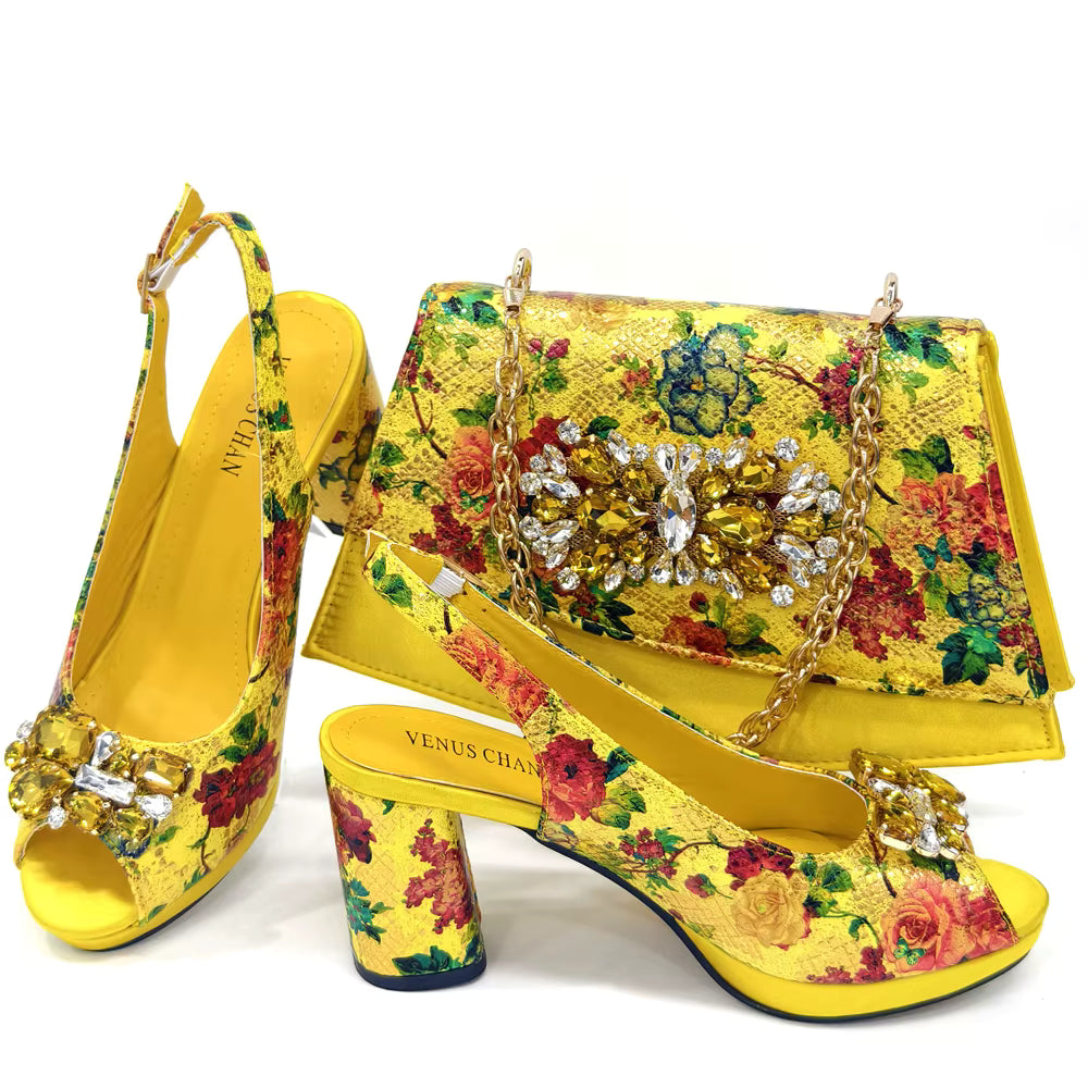 Wedding Party Bigger Size Thick Heel Sandals and Bags Matching Set