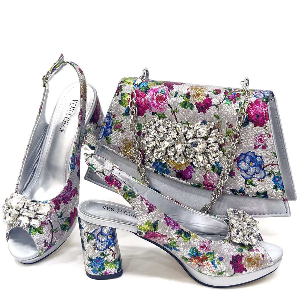 Wedding Party Bigger Size Thick Heel Sandals and Bags Matching Set