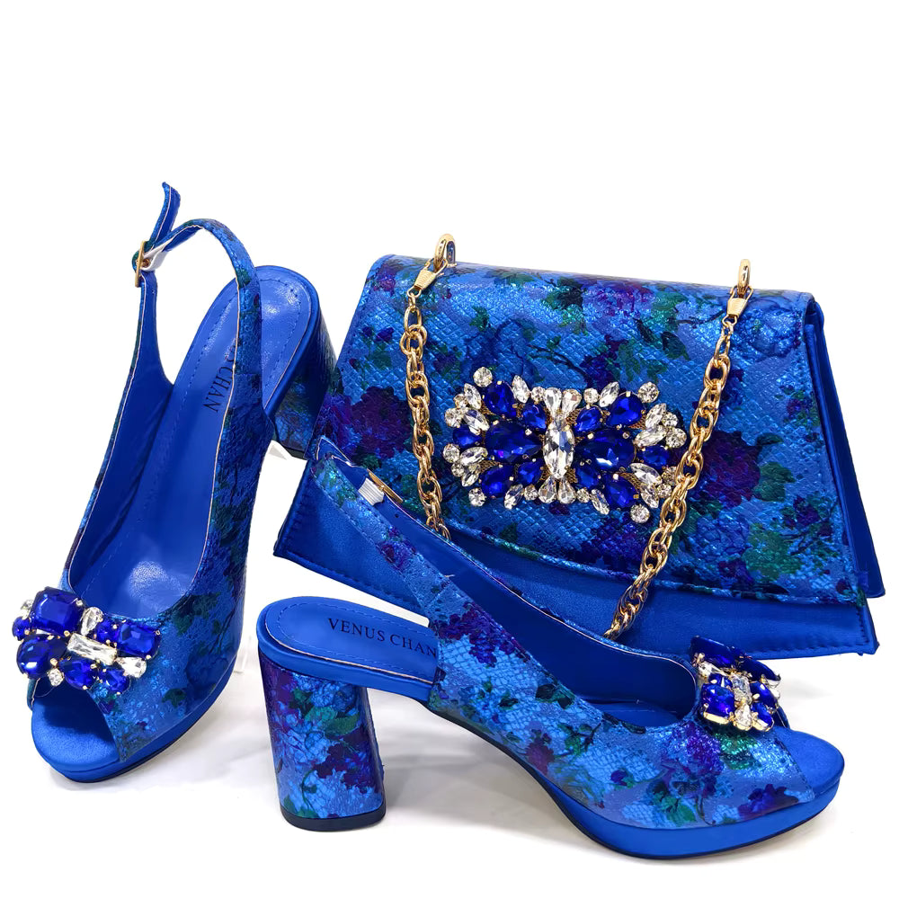Wedding Party Bigger Size Thick Heel Sandals and Bags Matching Set