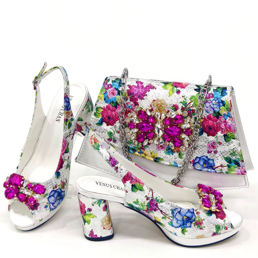 Wedding Party Bigger Size Thick Heel Sandals and Bags Matching Set