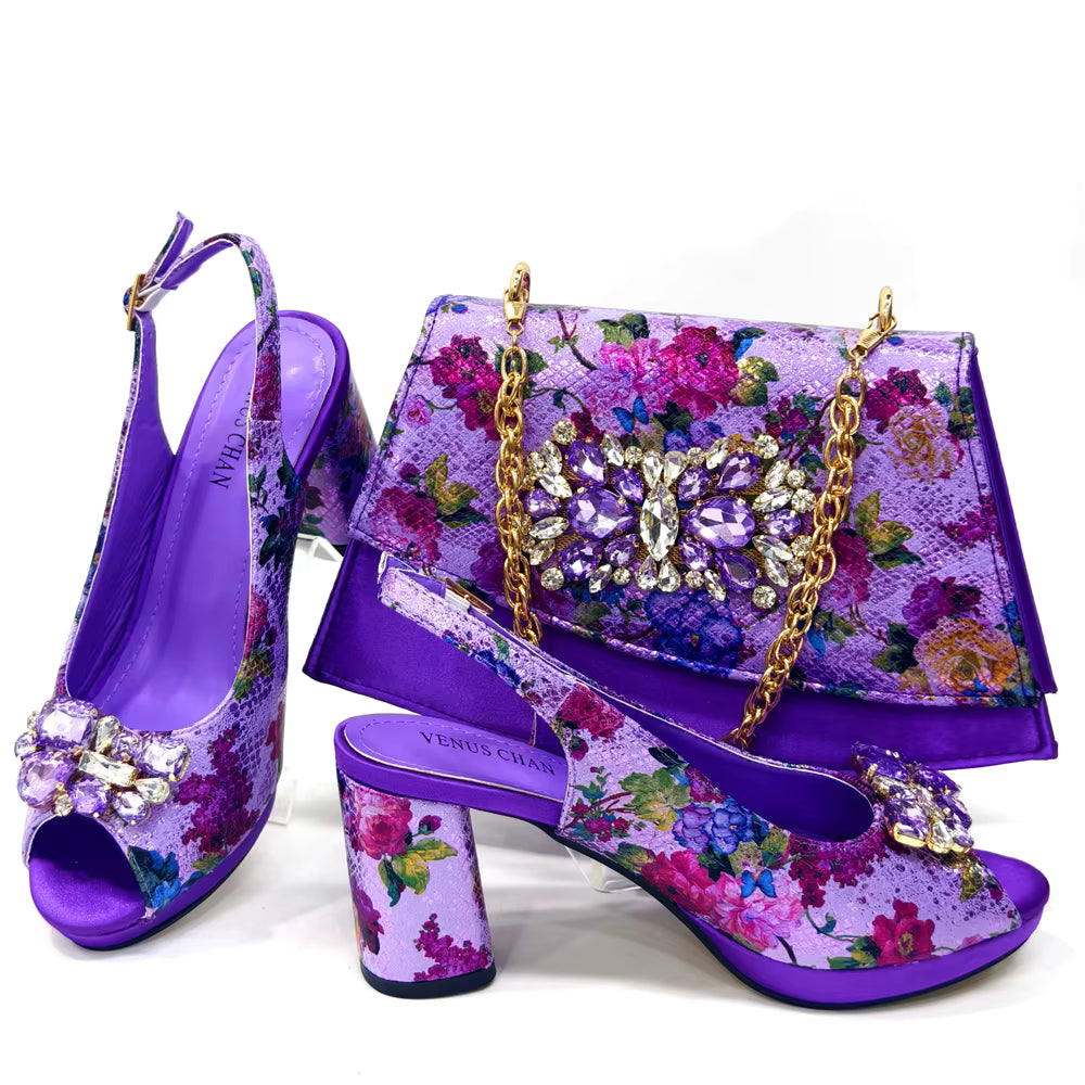 Wedding Party Bigger Size Thick Heel Sandals and Bags Matching Set