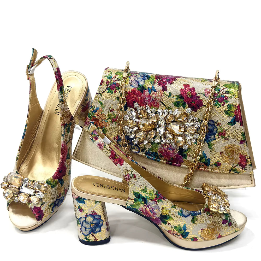 Wedding Party Bigger Size Thick Heel Sandals and Bags Matching Set