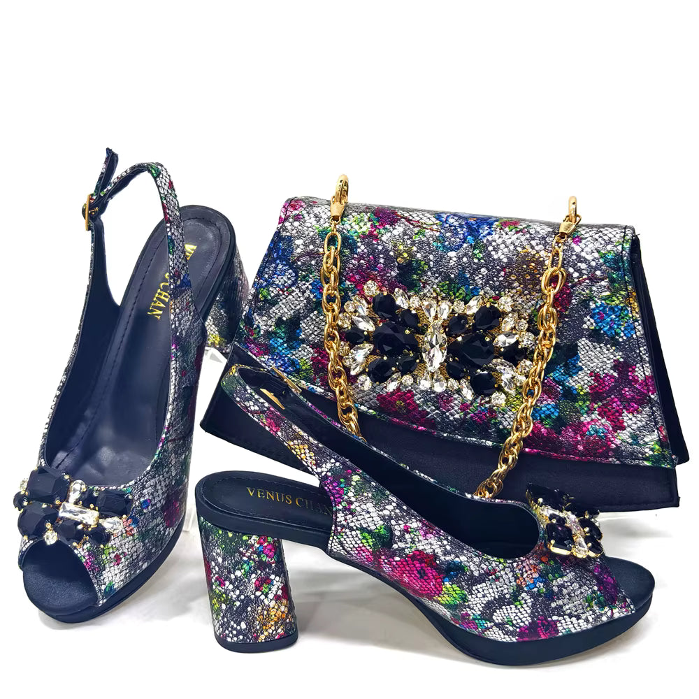 Wedding Party Bigger Size Thick Heel Sandals and Bags Matching Set