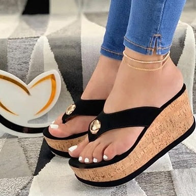 Wedge Sandals Cork Look Sides Jewel Embellishments