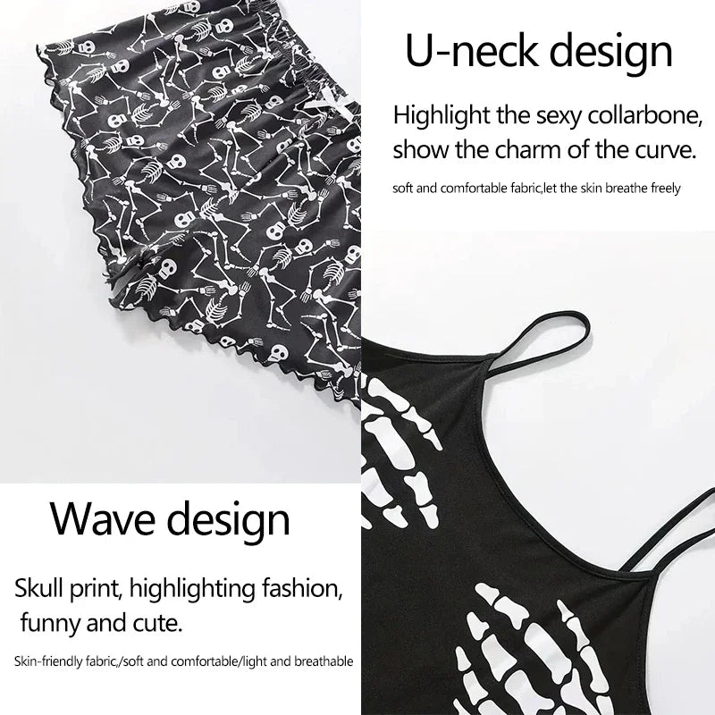 2 PCS Pajama Set Sleepwear Short-Sleeved Tops and Shorts Suit Black Skull Print Ventilate Soft Com