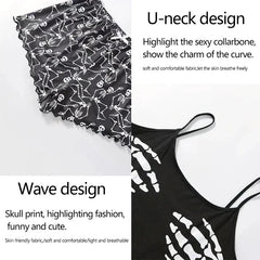 2 PCS Pajama Set Sleepwear Short-Sleeved Tops and Shorts Suit Black Skull Print Ventilate Soft Com