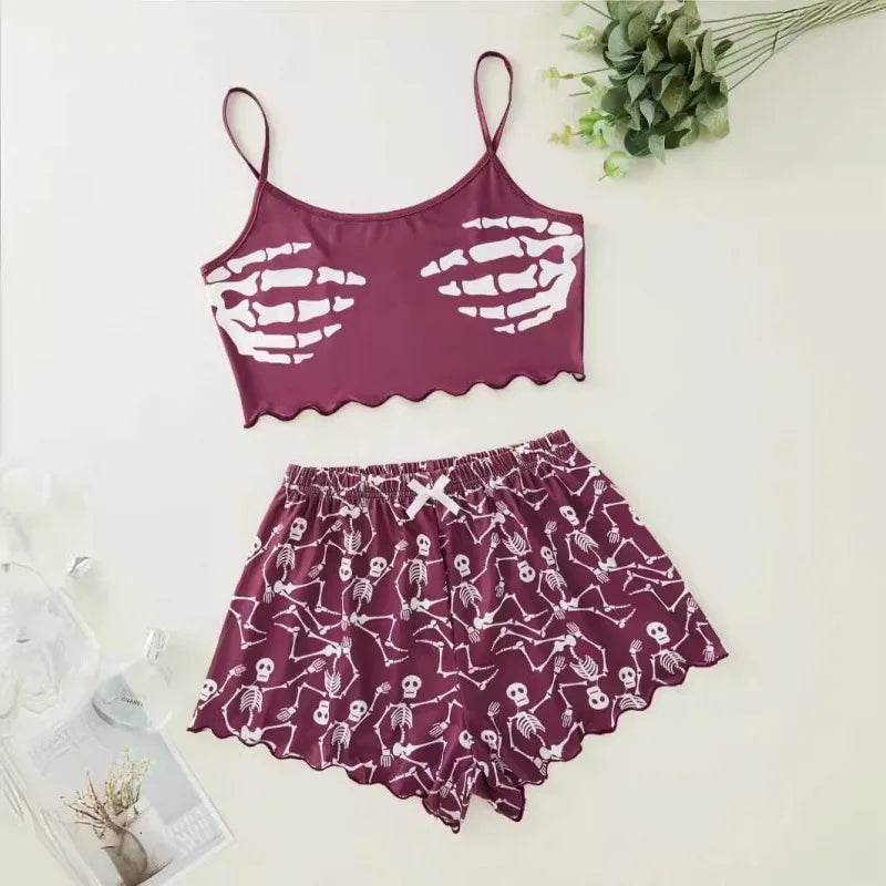 2 PCS Pajama Set Sleepwear Short-Sleeved Tops and Shorts Suit Black Skull Print Ventilate Soft Com