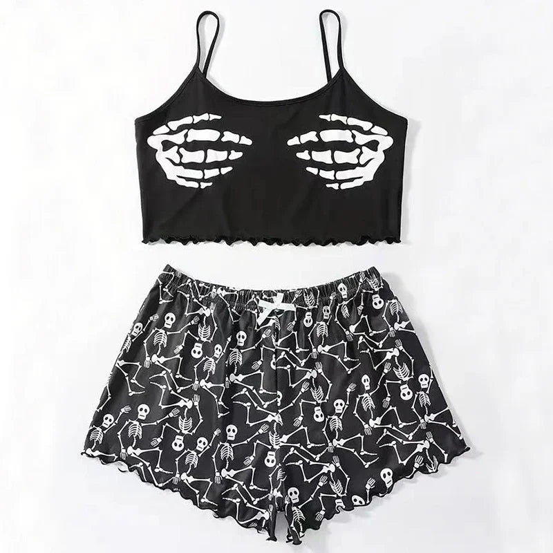 2 PCS Pajama Set Sleepwear Short-Sleeved Tops and Shorts Suit Black Skull Print Ventilate Soft Com