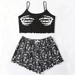2 PCS Pajama Set Sleepwear Short-Sleeved Tops and Shorts Suit Black Skull Print Ventilate Soft Com