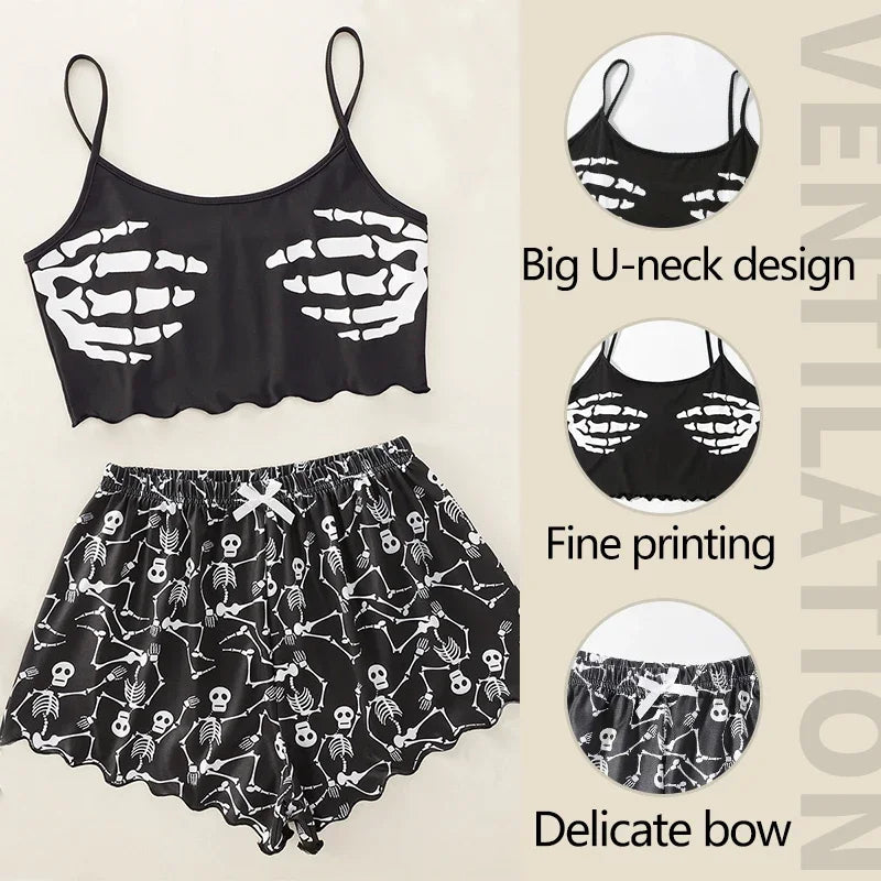 2 PCS Pajama Set Sleepwear Short-Sleeved Tops and Shorts Suit Black Skull Print Ventilate Soft Com