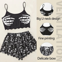 2 PCS Pajama Set Sleepwear Short-Sleeved Tops and Shorts Suit Black Skull Print Ventilate Soft Com